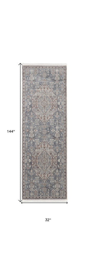 HomeRoots 5' Blue and Ivory Floral Area Rug - Durable Power Loom Design for Timeless Elegance in Any Space 12' Runner 514480