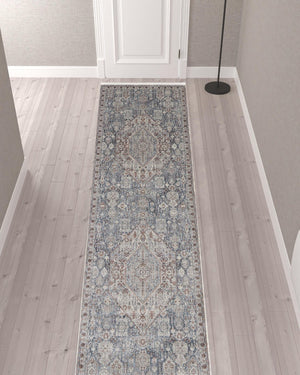 HomeRoots 5' Blue and Ivory Floral Area Rug - Durable Power Loom Design for Timeless Elegance in Any Space 12' Runner 514480