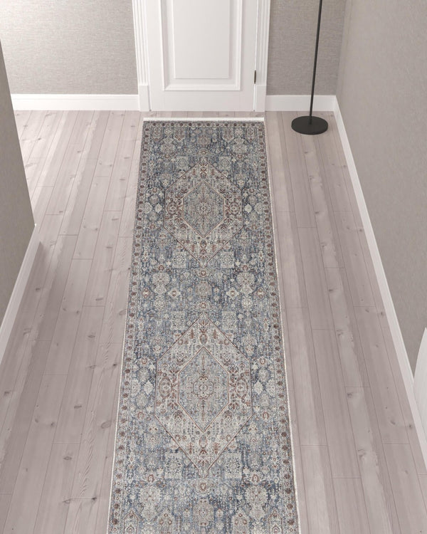 HomeRoots 5' Blue and Ivory Floral Area Rug - Durable Power Loom Design for Timeless Elegance in Any Space 12' Runner 514480
