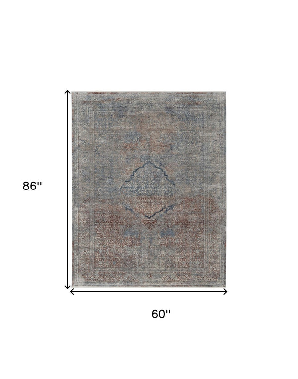 HomeRoots 5' Floral Area Rug in Blue, Red, and Gray – Durable, Stain-Resistant Design for Any Room Decor 5' X 7' 514483