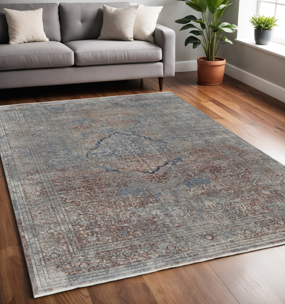 HomeRoots 5' Floral Area Rug in Blue, Red, and Gray – Durable, Stain-Resistant Design for Any Room Decor 5' X 7' 514483