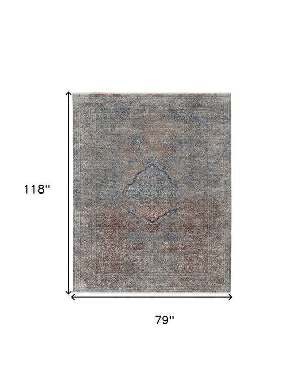 HomeRoots 5' Floral Area Rug in Blue, Red, and Gray – Durable, Stain-Resistant Design for Any Room Decor 7' X 10' 514484