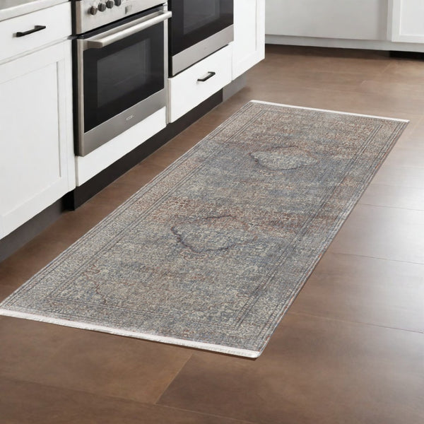 HomeRoots 5' Floral Area Rug in Blue, Red, and Gray – Durable, Stain-Resistant Design for Any Room Decor 8' Runner 514487