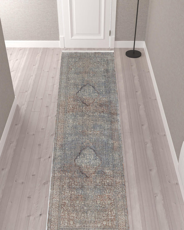 HomeRoots 5' Floral Area Rug in Blue, Red, and Gray – Durable, Stain-Resistant Design for Any Room Decor 12' Runner 514489