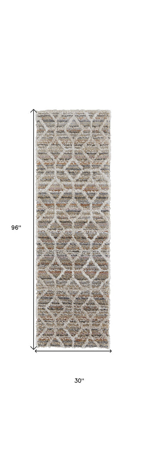 Homeroots 8' Tan Taupe And Ivory Geometric Power Loom Stain Resistant Runner Rug Tan,Taupe,Ivory Polyester 514511