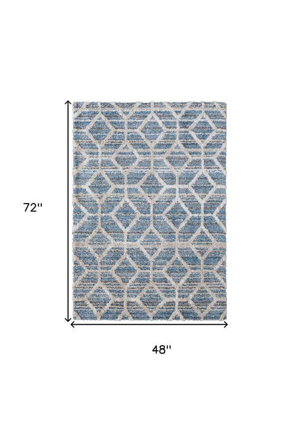 Homeroots 4' X 6' Blue And Ivory Geometric Power Loom Stain Resistant Area Rug Blue,Ivory Polyester 514513