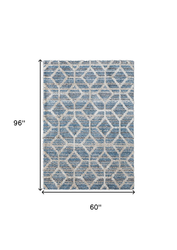 Homeroots 5' X 8' Blue And Ivory Geometric Power Loom Stain Resistant Area Rug Blue,Ivory Polyester 514514