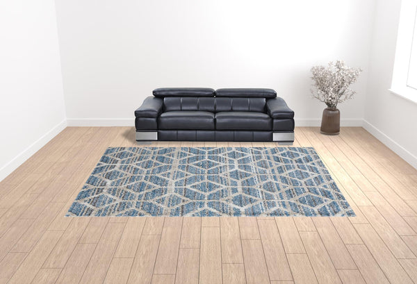Homeroots 10' X 14' Blue And Ivory Geometric Power Loom Stain Resistant Area Rug Blue,Ivory Polyester 514517
