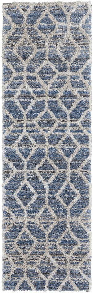Homeroots 8' Blue And Ivory Geometric Power Loom Stain Resistant Runner Rug Blue,Ivory Polyester 514518