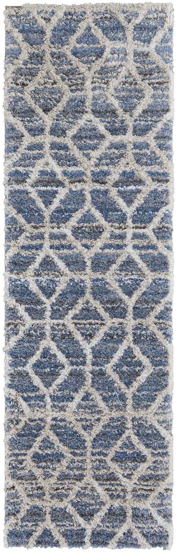 Homeroots 8' Blue And Ivory Geometric Power Loom Stain Resistant Runner Rug Blue,Ivory Polyester 514518