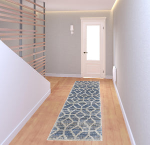 Homeroots 8' Blue And Ivory Geometric Power Loom Stain Resistant Runner Rug Blue,Ivory Polyester 514518