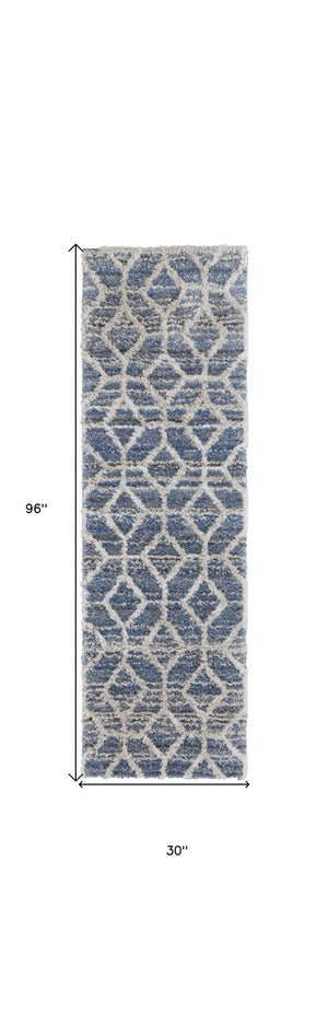 Homeroots 8' Blue And Ivory Geometric Power Loom Stain Resistant Runner Rug Blue,Ivory Polyester 514518