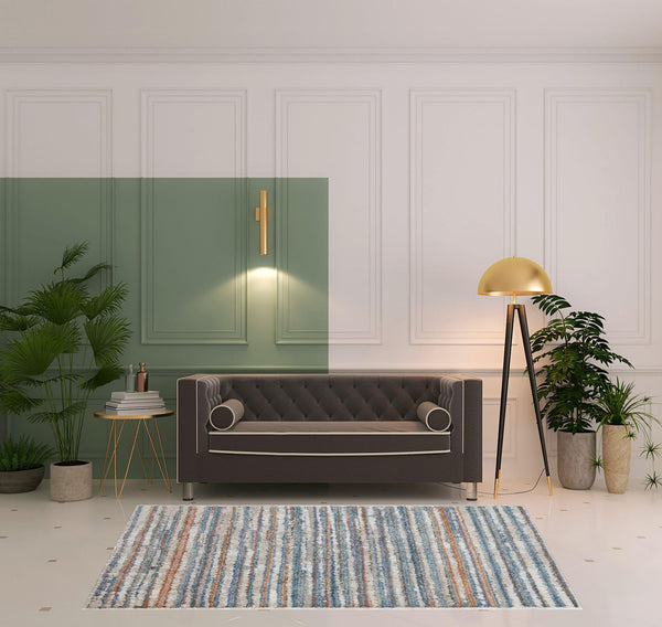 Homeroots 5' X 8' Ivory Blue And Orange Striped Power Loom Stain Resistant Area Rug  Polyester 514528