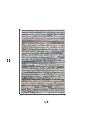 Homeroots 5' X 8' Ivory Blue And Orange Striped Power Loom Stain Resistant Area Rug  Polyester 514528