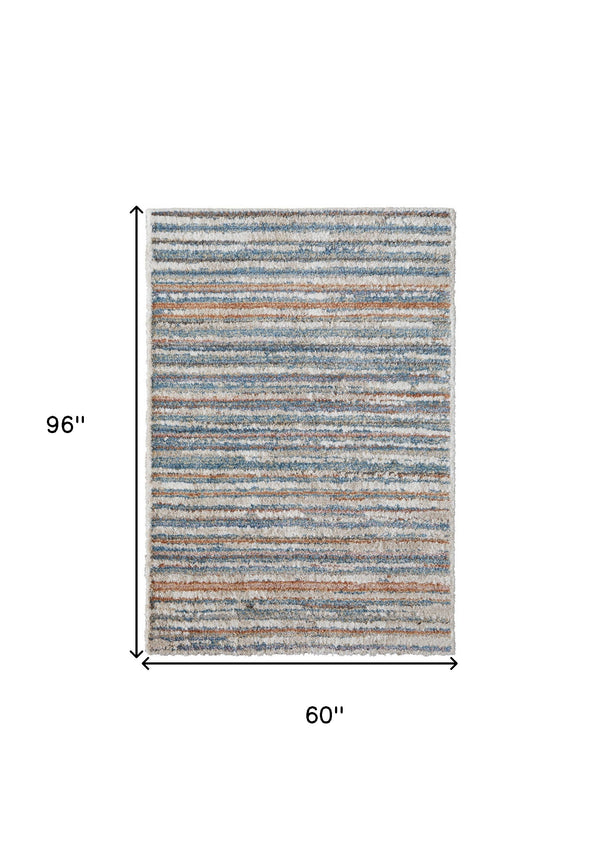 Homeroots 5' X 8' Ivory Blue And Orange Striped Power Loom Stain Resistant Area Rug  Polyester 514528