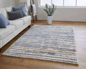 Homeroots 5' X 8' Ivory Blue And Orange Striped Power Loom Stain Resistant Area Rug  Polyester 514528