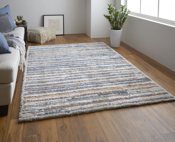 Homeroots 5' X 8' Ivory Blue And Orange Striped Power Loom Stain Resistant Area Rug  Polyester 514528