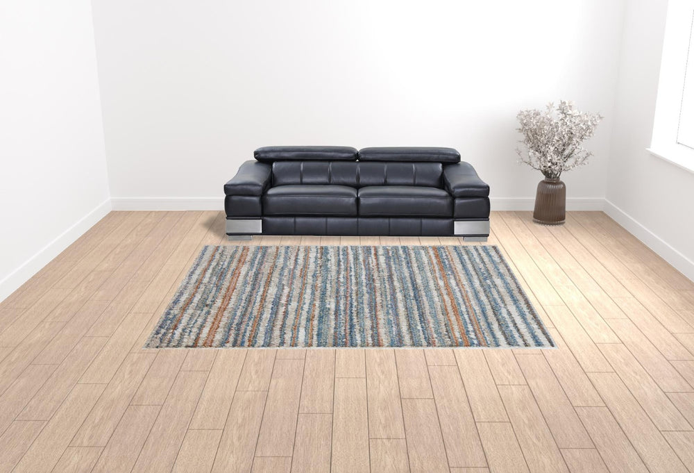 HomeRoots 4' Refresh Your Home with a Stain-Resistant Ivory, Blue & Orange Striped Area Rug - Durable & Stylish 9' X 12' 514529