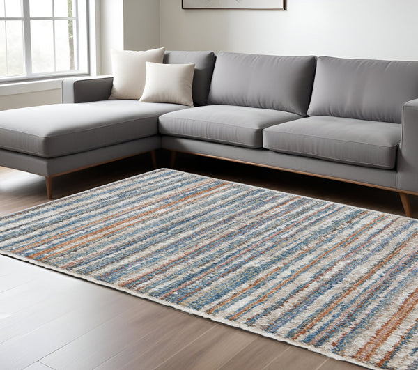 Homeroots 8' X 10' Ivory And Blue Striped Power Loom Area Rug  Polyester 514530