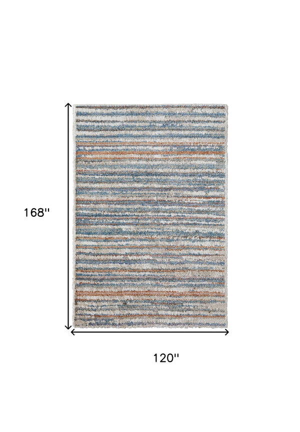 Homeroots 10' X 14' Ivory Blue And Orange Striped Power Loom Stain Resistant Area Rug  Polyester 514531