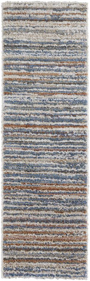 Homeroots 8' Ivory Blue And Orange Striped Power Loom Stain Resistant Runner Rug  Polyester 514532