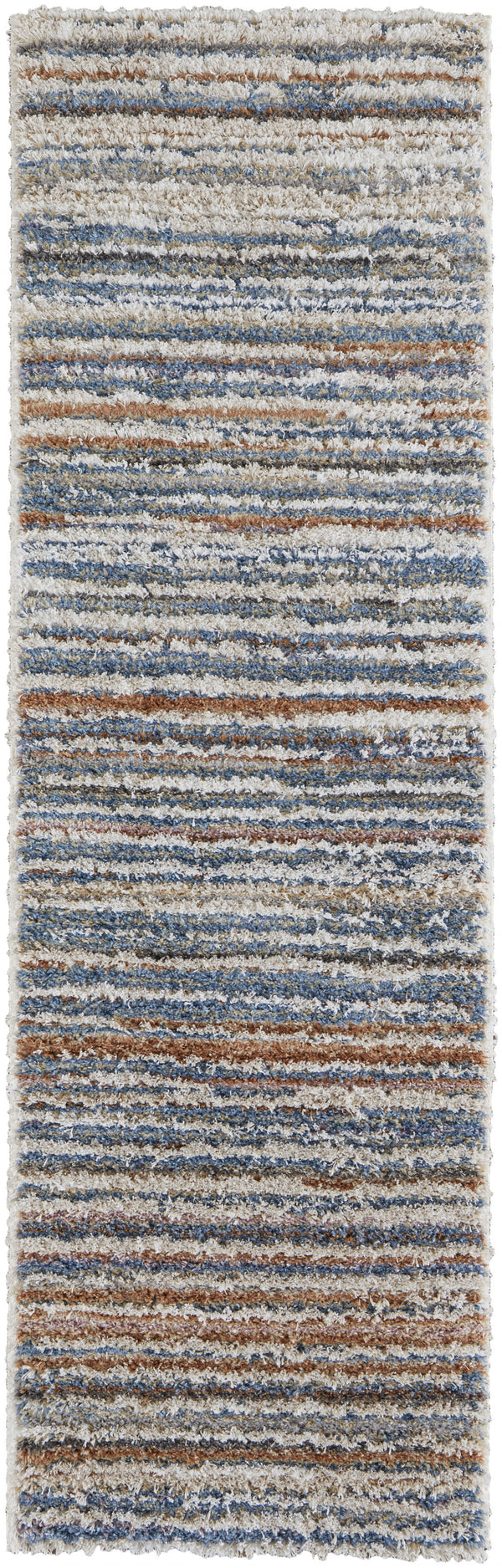 Homeroots 8' Ivory Blue And Orange Striped Power Loom Stain Resistant Runner Rug  Polyester 514532