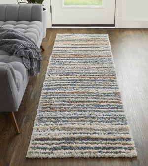 Homeroots 8' Ivory Blue And Orange Striped Power Loom Stain Resistant Runner Rug  Polyester 514532