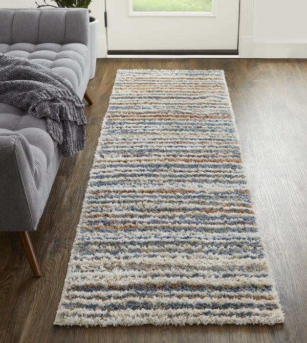Homeroots 8' Ivory Blue And Orange Striped Power Loom Stain Resistant Runner Rug  Polyester 514532