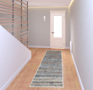 Homeroots 8' Ivory Blue And Orange Striped Power Loom Stain Resistant Runner Rug  Polyester 514532