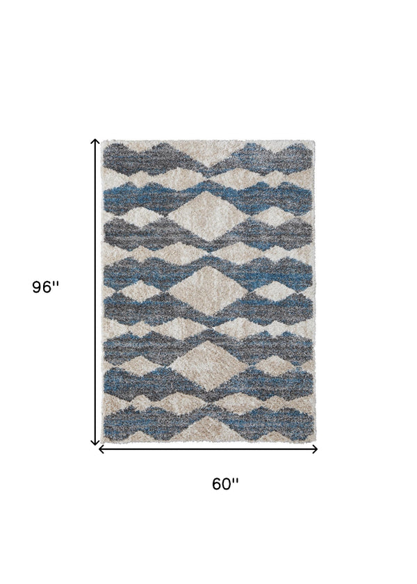 Homeroots 5' X 8' Ivory Gray And Blue Chevron Power Loom Stain Resistant Area Rug Ivory,Gray,Blue Polyester 514535