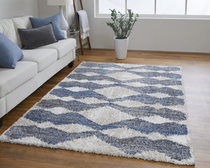 Homeroots 5' X 8' Ivory Gray And Blue Chevron Power Loom Stain Resistant Area Rug Ivory,Gray,Blue Polyester 514535