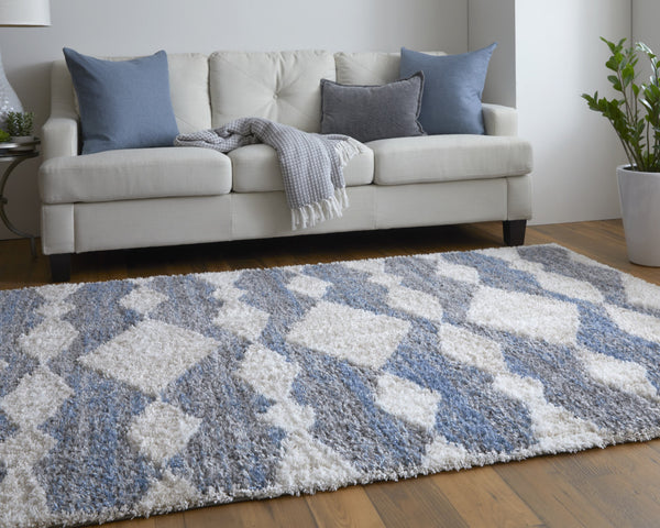 Homeroots 5' X 8' Ivory Gray And Blue Chevron Power Loom Stain Resistant Area Rug Ivory,Gray,Blue Polyester 514535