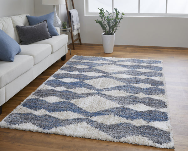 Homeroots 8' X 10' Ivory Gray And Blue Chevron Power Loom Stain Resistant Area Rug Ivory,Gray,Blue Polyester 514537