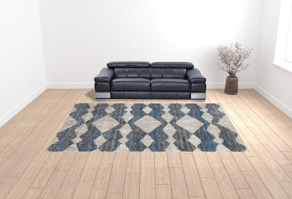 Homeroots 10' X 14' Ivory Gray And Blue Chevron Power Loom Stain Resistant Area Rug Ivory,Gray,Blue Polyester 514538