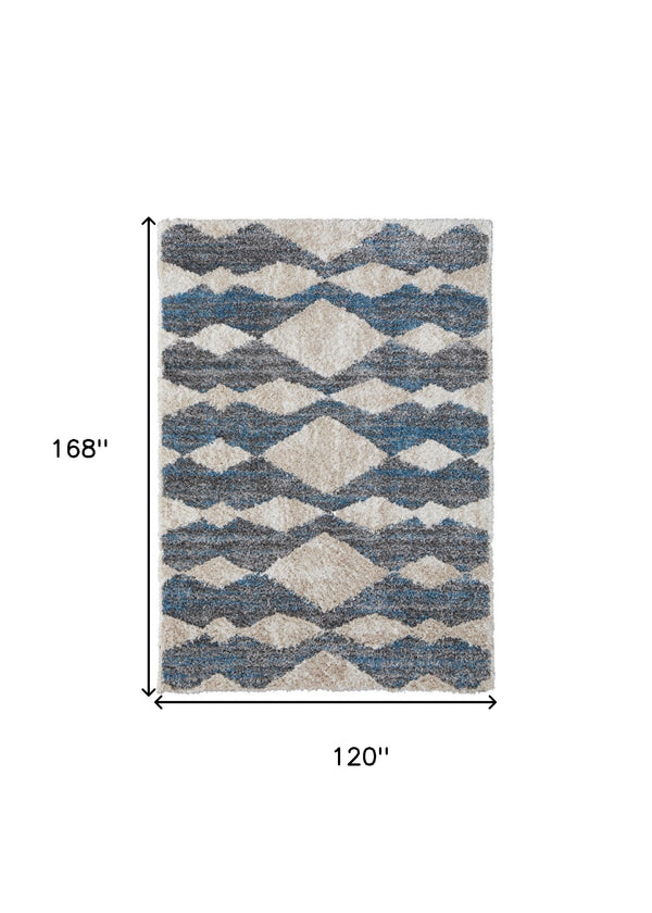 Homeroots 10' X 14' Ivory Gray And Blue Chevron Power Loom Stain Resistant Area Rug Ivory,Gray,Blue Polyester 514538