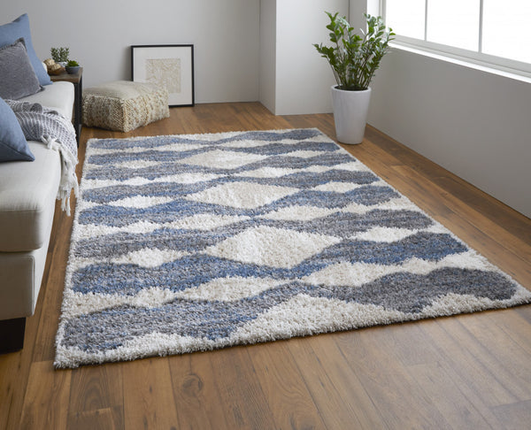 Homeroots 10' X 14' Ivory Gray And Blue Chevron Power Loom Stain Resistant Area Rug Ivory,Gray,Blue Polyester 514538