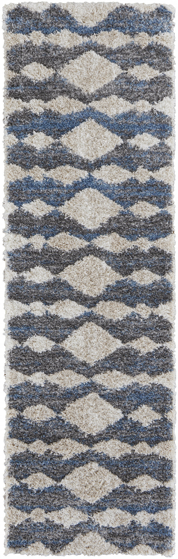 Homeroots 8' Ivory Gray And Blue Chevron Power Loom Stain Resistant Runner Rug Ivory,Gray,Blue Polyester 514539
