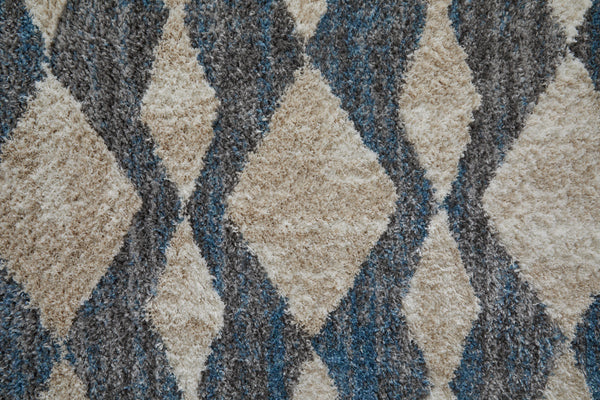 Homeroots 8' Ivory Gray And Blue Chevron Power Loom Stain Resistant Runner Rug Ivory,Gray,Blue Polyester 514539
