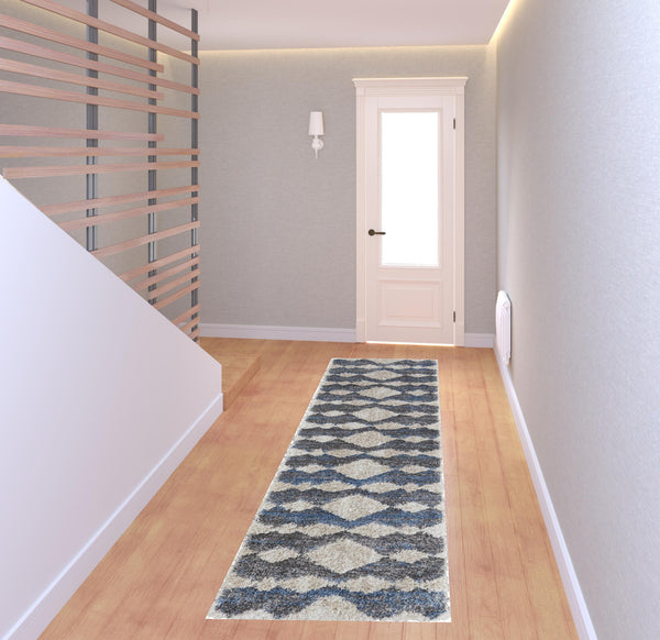 Homeroots 8' Ivory Gray And Blue Chevron Power Loom Stain Resistant Runner Rug Ivory,Gray,Blue Polyester 514539