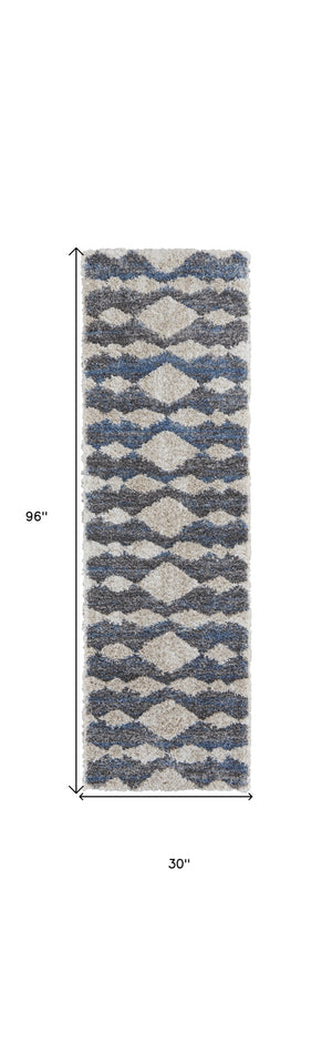 Homeroots 8' Ivory Gray And Blue Chevron Power Loom Stain Resistant Runner Rug Ivory,Gray,Blue Polyester 514539
