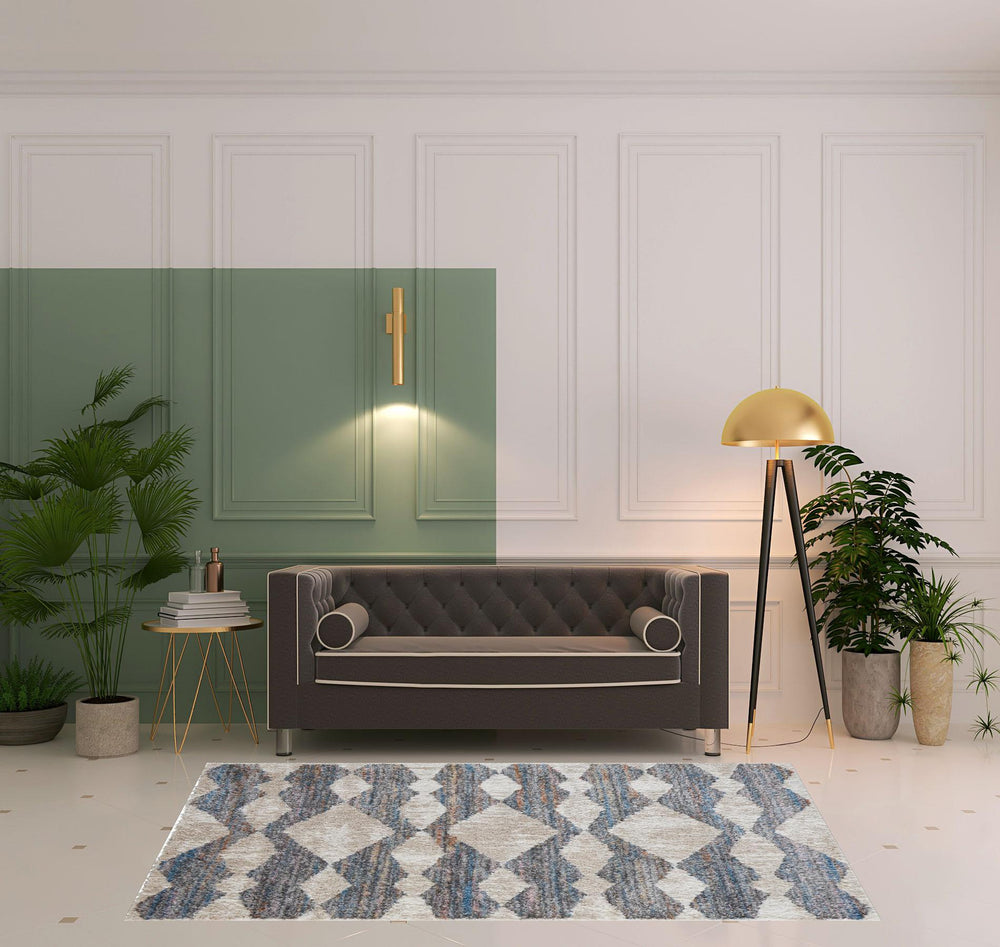 Homeroots 5' X 8' Tan Ivory And Blue Chevron Power Loom Stain Resistant Area Rug Tan,Ivory,Blue Polyester 514542