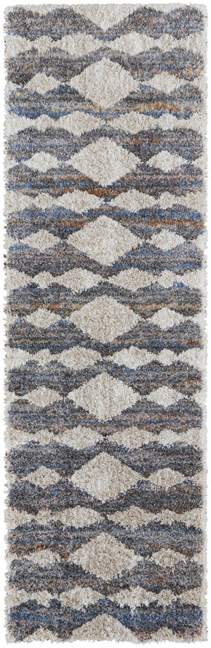 Homeroots 8' Tan Ivory And Blue Chevron Power Loom Stain Resistant Runner Rug Tan,Ivory,Blue Polyester 514546