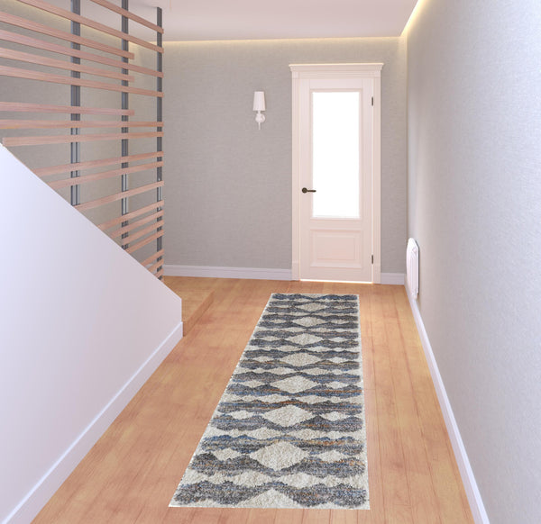 Homeroots 8' Tan Ivory And Blue Chevron Power Loom Stain Resistant Runner Rug Tan,Ivory,Blue Polyester 514546