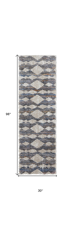 Homeroots 8' Tan Ivory And Blue Chevron Power Loom Stain Resistant Runner Rug Tan,Ivory,Blue Polyester 514546