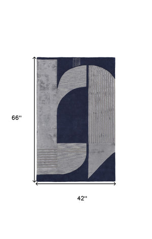 HomeRoots 4' Blue and Silver Geometric Wool Area Rug - Hand-Tufted, Modern Design for Cozy Living Spaces 4' X 6' 514590