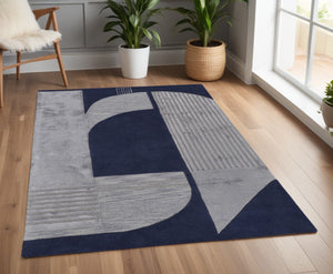 HomeRoots 4' Blue and Silver Geometric Wool Area Rug - Hand-Tufted, Modern Design for Cozy Living Spaces 4' X 6' 514590