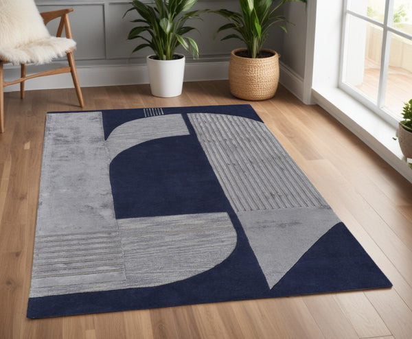 HomeRoots 4' Blue and Silver Geometric Wool Area Rug - Hand-Tufted, Modern Design for Cozy Living Spaces 4' X 6' 514590