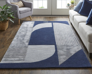 HomeRoots 4' Blue and Silver Geometric Wool Area Rug - Hand-Tufted, Modern Design for Cozy Living Spaces 5' X 8' 514591