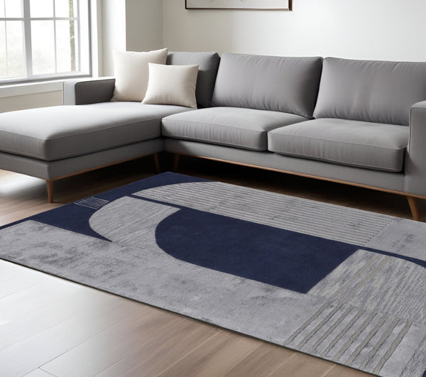 HomeRoots 4' Blue and Silver Geometric Wool Area Rug - Hand-Tufted, Modern Design for Cozy Living Spaces 8' X 10' 514592
