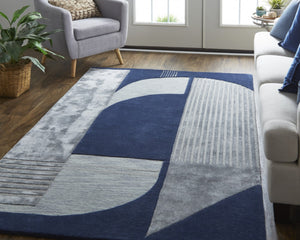 HomeRoots 4' Blue and Silver Geometric Wool Area Rug - Hand-Tufted, Modern Design for Cozy Living Spaces 9' X 12' 514593